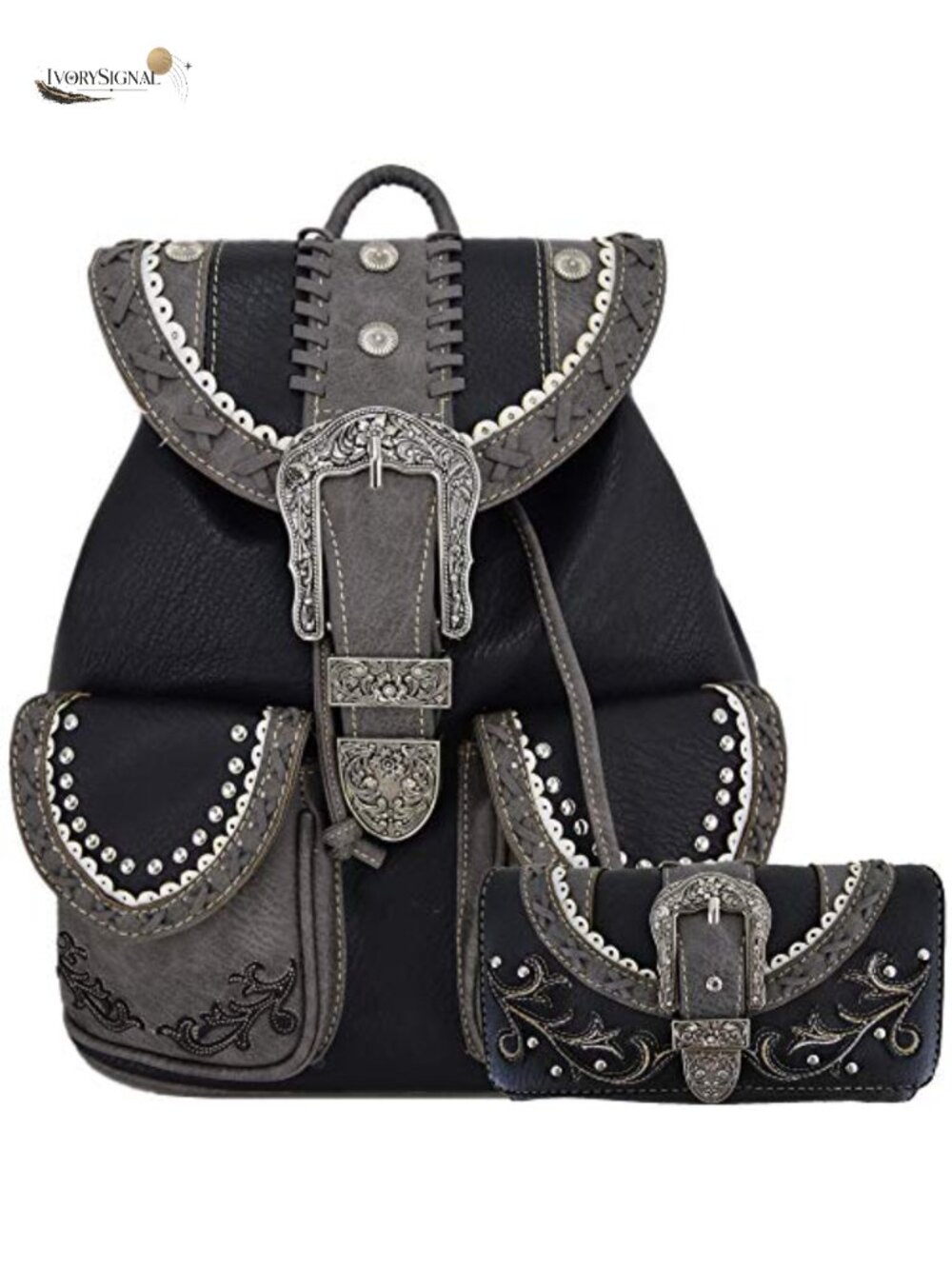 Western Style Tooled Studded Floral Backpack Biker Purse Matching Wallet Set